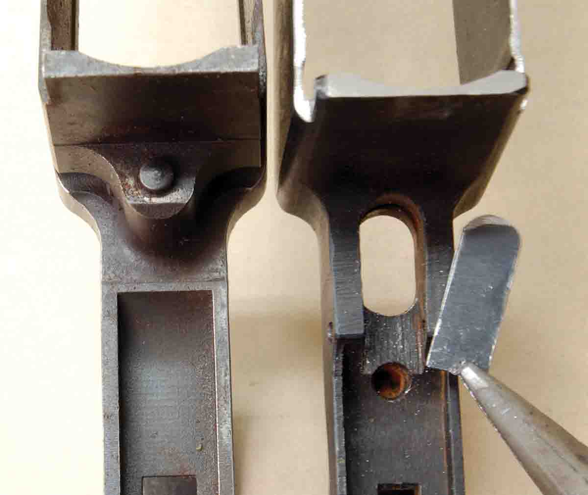 Installing a rear attaching screw is easiest on a Mauser (left). The Springfield (right) requires covering a large latch hole.
